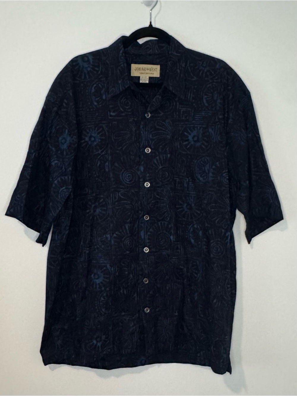 Johari West Men’s XLT Blue Black Batik Hawaiian Shirt 100% Cotton Tall